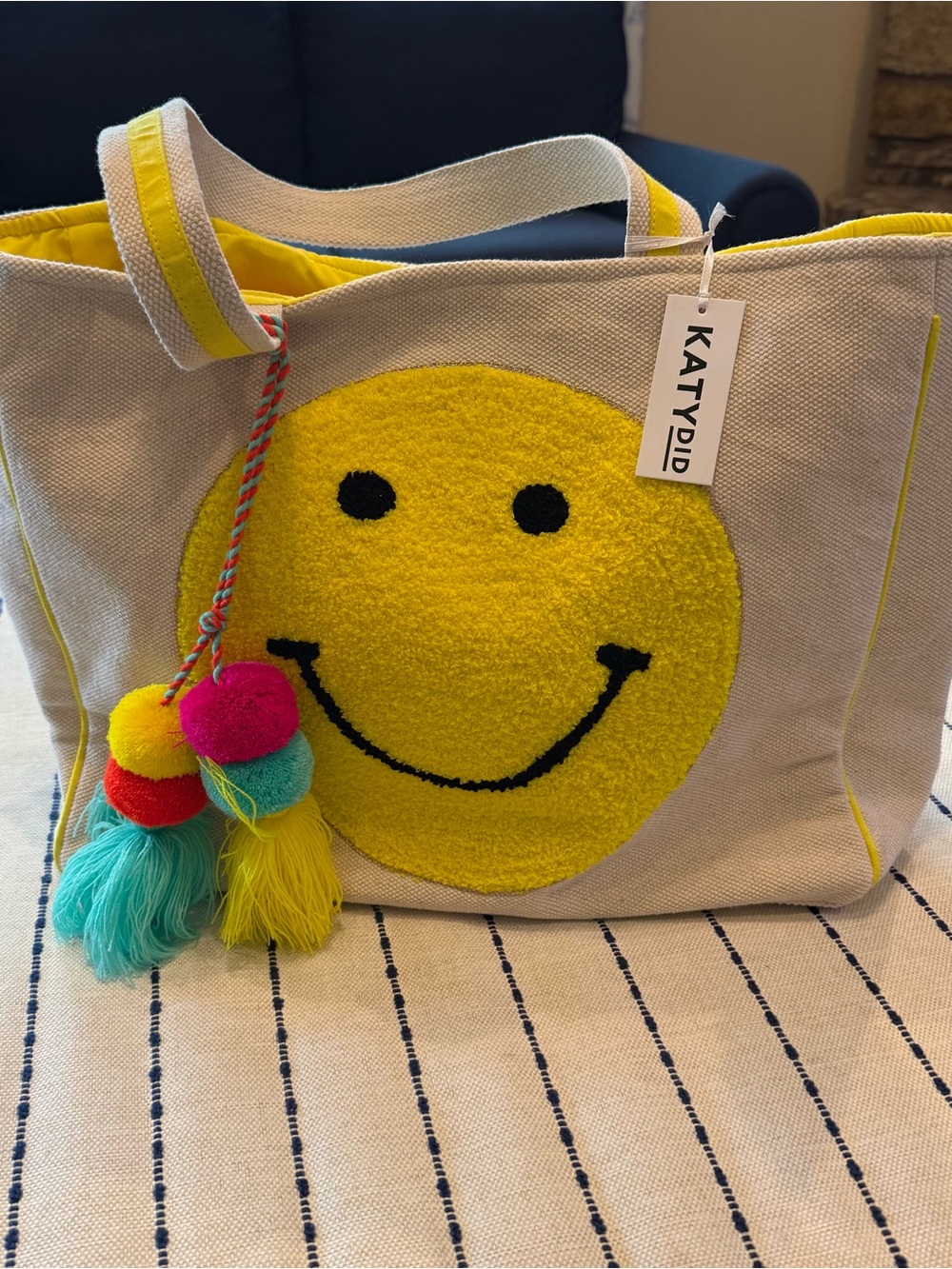 Katydid Yellow Smiley Canvas Tote with Colorful Pom Pom Charm